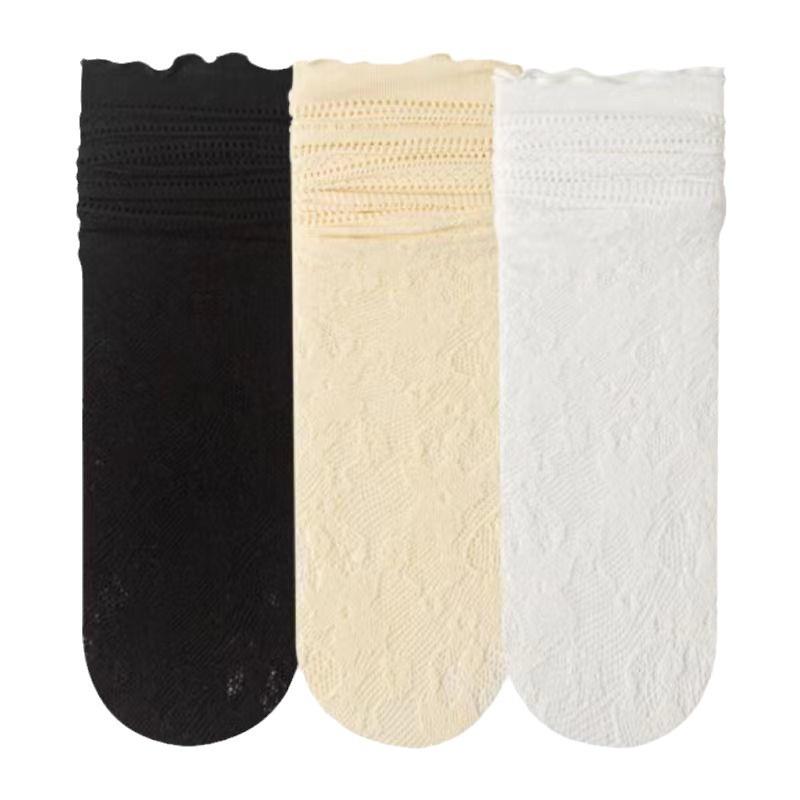 Women's Spring and Summer Mid-calf Socks, White Lace Cutout Pile Socks, Thin Lace Socks with Black Ear Edges