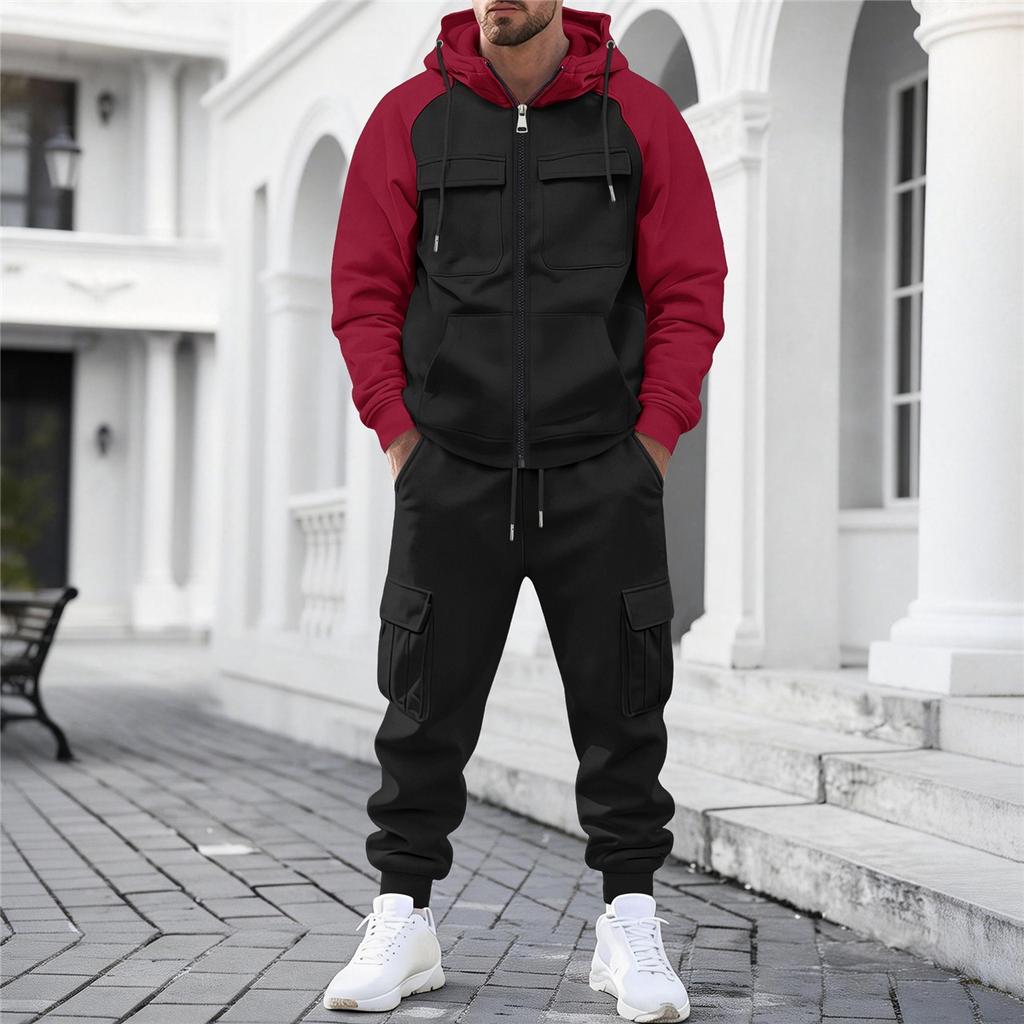 Men Color Block Zip Up Hoodie Cargo Pants 2 Piece Tracksuit Casual Sports Outfit Hooded Jacket Multi‑Pocket Jogger Trousers Set