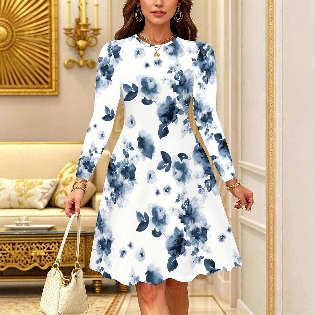 Women Long Sleeve Round Neck Midi Dress Boho Paisley Swirl All Over Print Flared Casual Dress