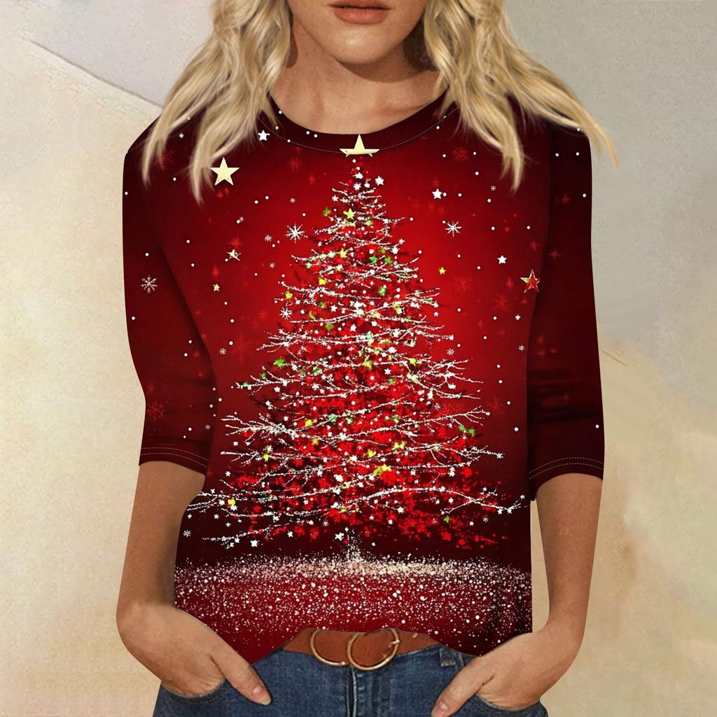 Women's Fashion Casual Round Neck 3/4 Sleeve Loose  Printed T-Shirt Ladies Top