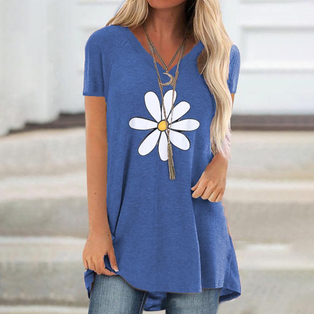 Women Summer Tops V-neck Floral Print Short Sleeve T-Shirts Graphic Blouse