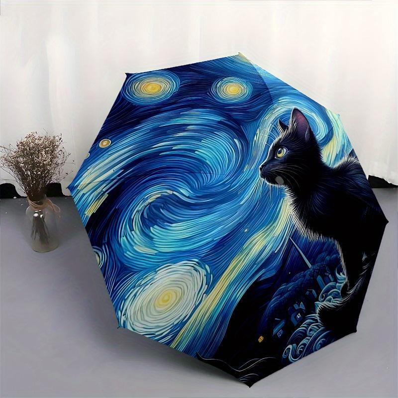 Starry Night, Black Cat Automatic Folding Umbrella  8 Ribs, Durable Iron Frame, Bright Color Pattern Compact Travel Umbrella, Suitable for O