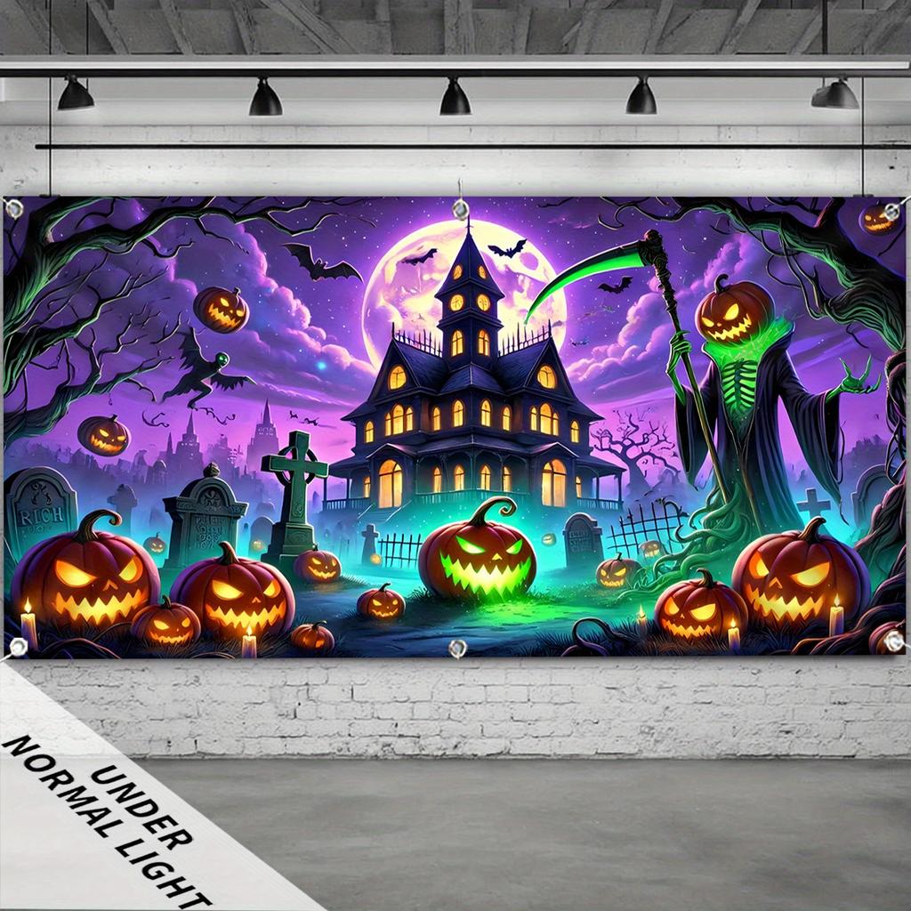 1 Halloween Banner - Ghost House, Pumpkin Lantern and Tombstone Design, Polyester Garage Door Decoration