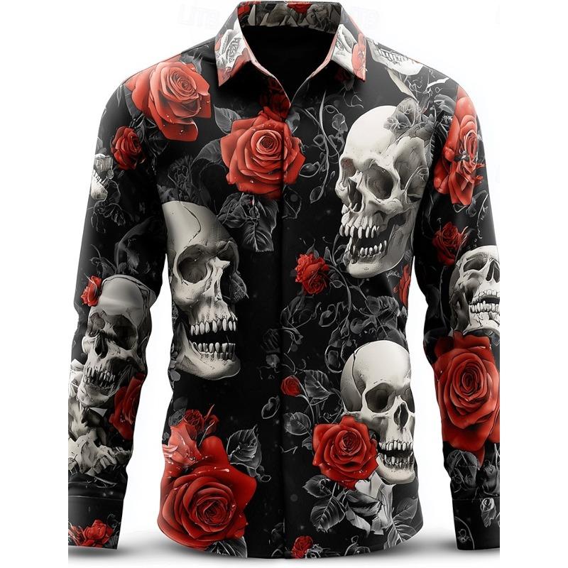 Halloween Thema Mannen Halloween Kostuums Schedels Shirt Knoopsluiting Shirt Casual Overhemd Lange Mouw Donkere Gotische Stijl Tops