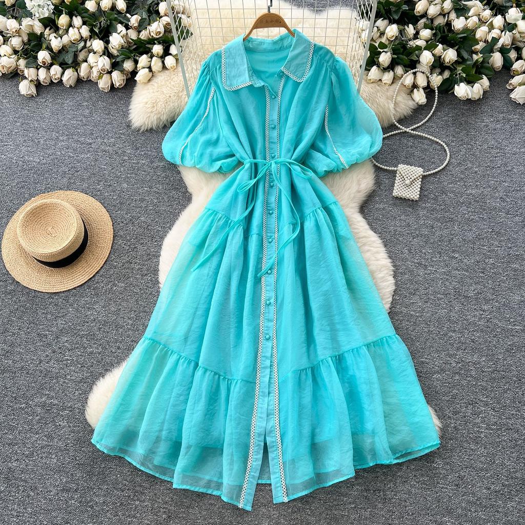 French gentle style temperament lapel lantern sleeve lace-up waist single-breasted dress female super fairy slim long skirt