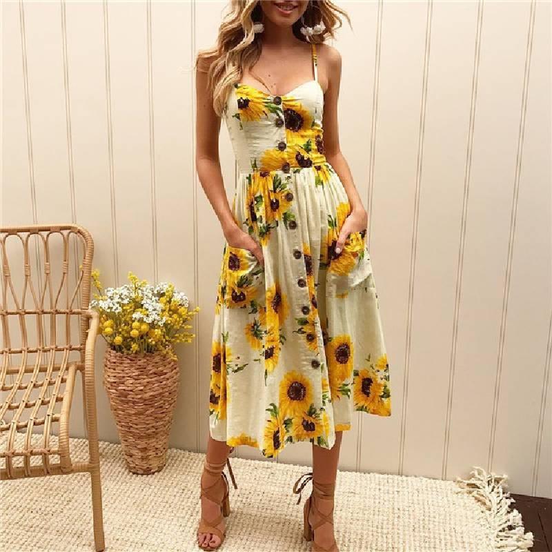 Stylish Summer Women's Backless Dress With Button Detail And V Neckline In Beige And Blue