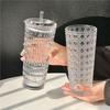 OLOEY Diamond Pattern 450ml Glass Coffee Mug with Lid & Straw (3-Pack)