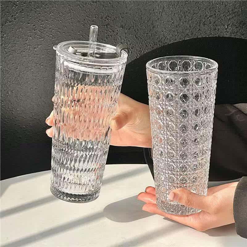 OLOEY Diamond Pattern 450ml Glass Coffee Mug with Lid & Straw (3-Pack)