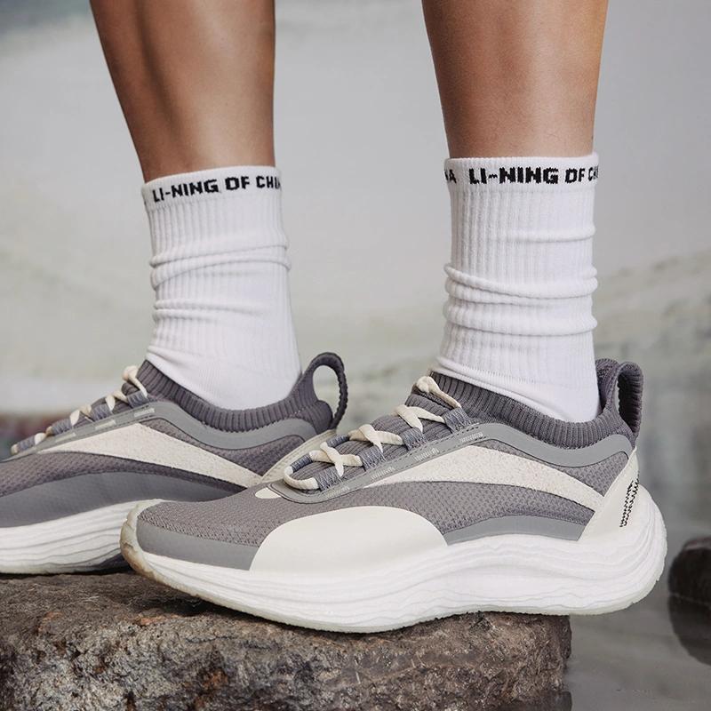 Li Ning Cushioning Slip Resistant Low Top Running Shoes Unisex Gray Beige AZGU021-2