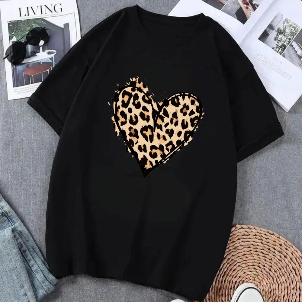 Leopard Print Heart Graphic Tshirt Oversized Casual Unisexs Top Cute Trendy Streetwear For Fall Winter Unisex Clothing