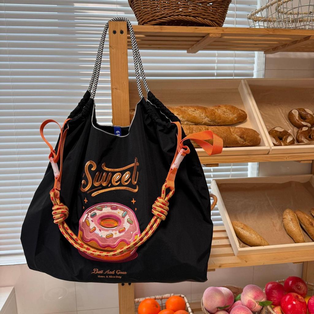 Japanese Style Handmade Waterproof Nylon Canvas Bag with Embroidered Patterns, Large Capacity
