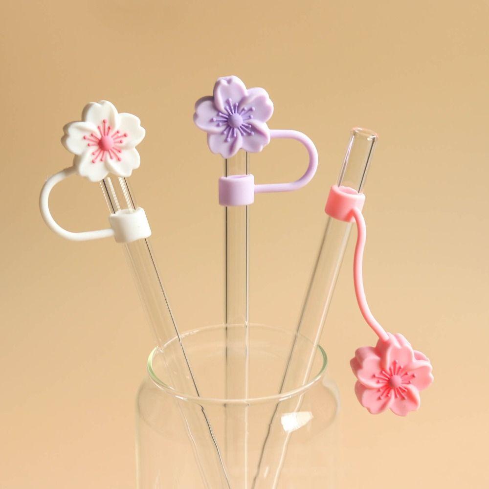 

8/10 мм соломенный чехол с цветком вишни, силиконовые насадки для соломы, стакан для соломенного топпера с цветком бегонии 10mm розовый/белый