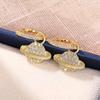 Micro Paved Clear Cubic Zirconia Saturn Charm Drop Earrings Full Stone Inlaid Small Hoop Gold Tone Cosmic Ladies Accessories
