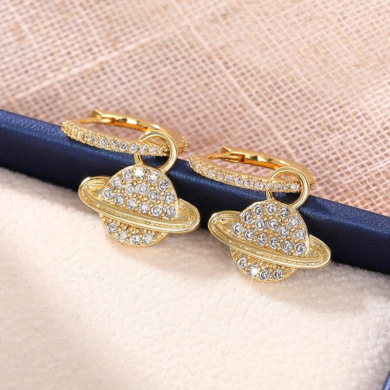 Micro Paved Clear Cubic Zirconia Saturn Charm Drop Earrings Full Stone Inlaid Small Hoop Gold Tone Cosmic Ladies Accessories