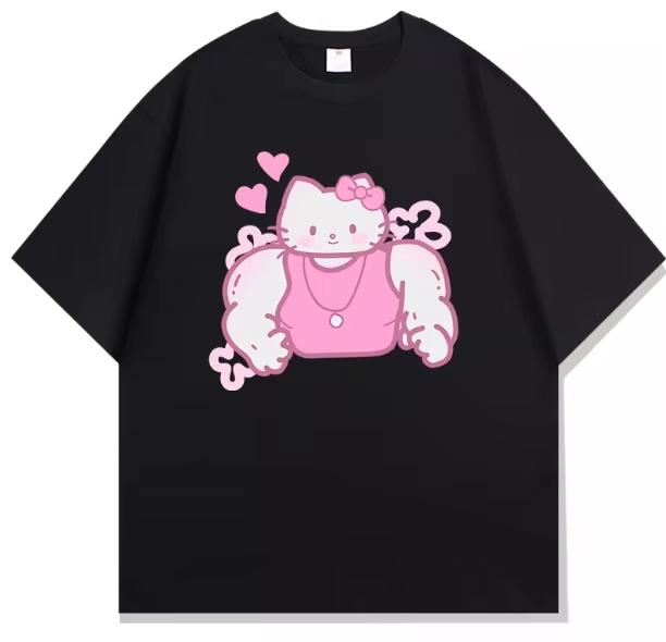 

2026 Hello Kitty Fitness Printed Cartoon ShortSleeve TShirt Unisex Women Trendy Loose Leisure Style Tees Hotselling S