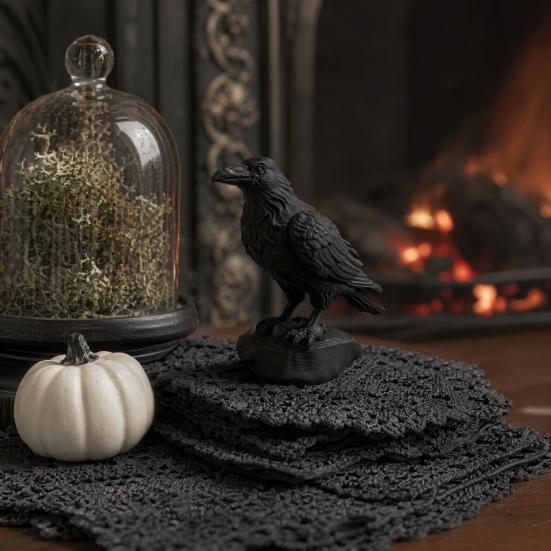 Nostalgie 3D Printed Crow Statue, Gothic Dark Academia Bird Sculpture, Matte Black Raven Figurine, Stable Rock Base for Desk Display Cabinet,