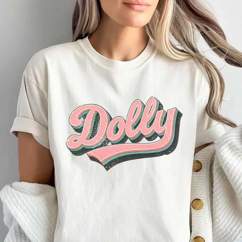 Retro Dolly Shirt – Vintage Graphic Tee with Pink and Teal Lettering, Distressed