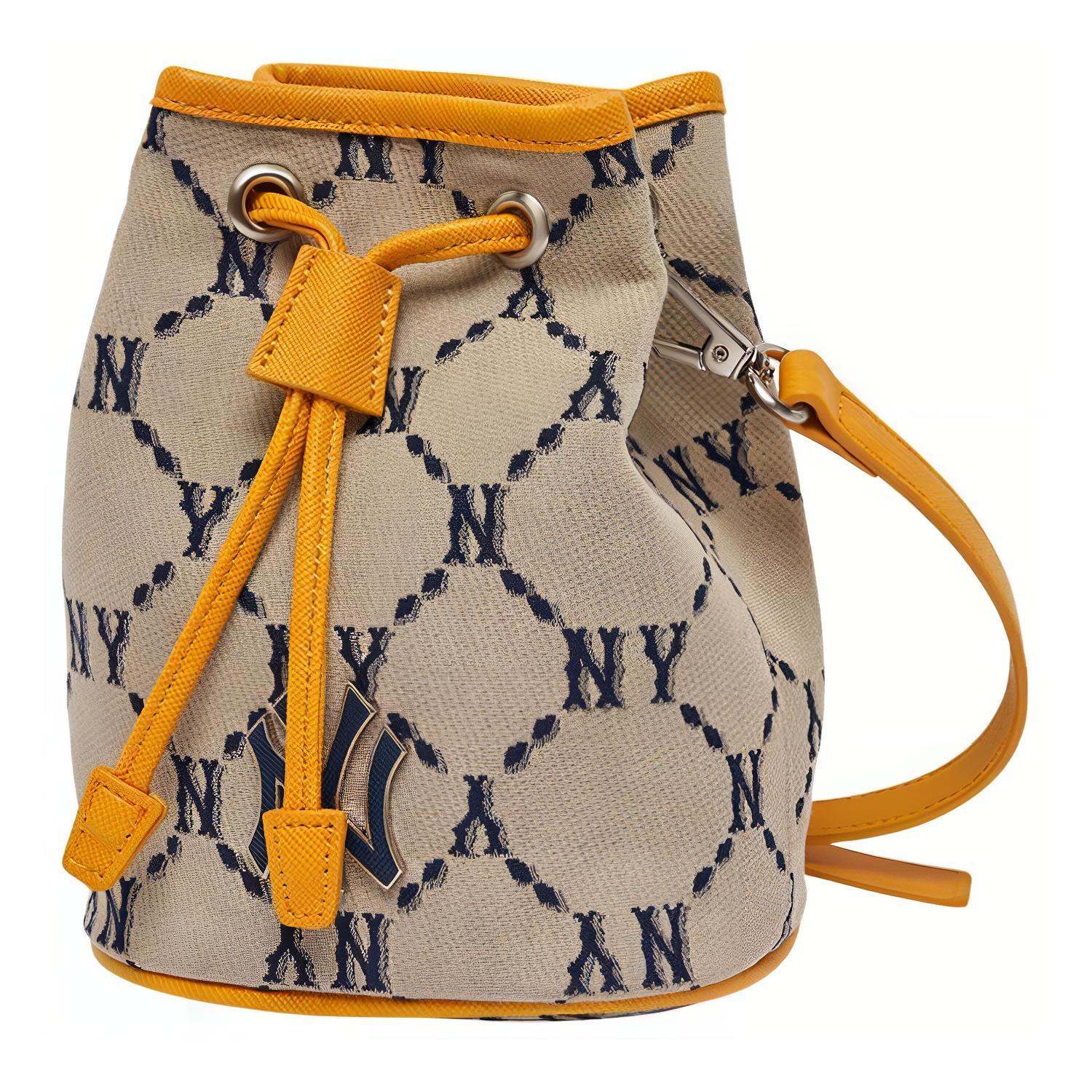 MLB Monogram Series NY Yankees Retro Floral Print Large Logo Bucket Bag Unisex Shoulder Bag Yellow Brown 3ABMS022N-50BGS Mini