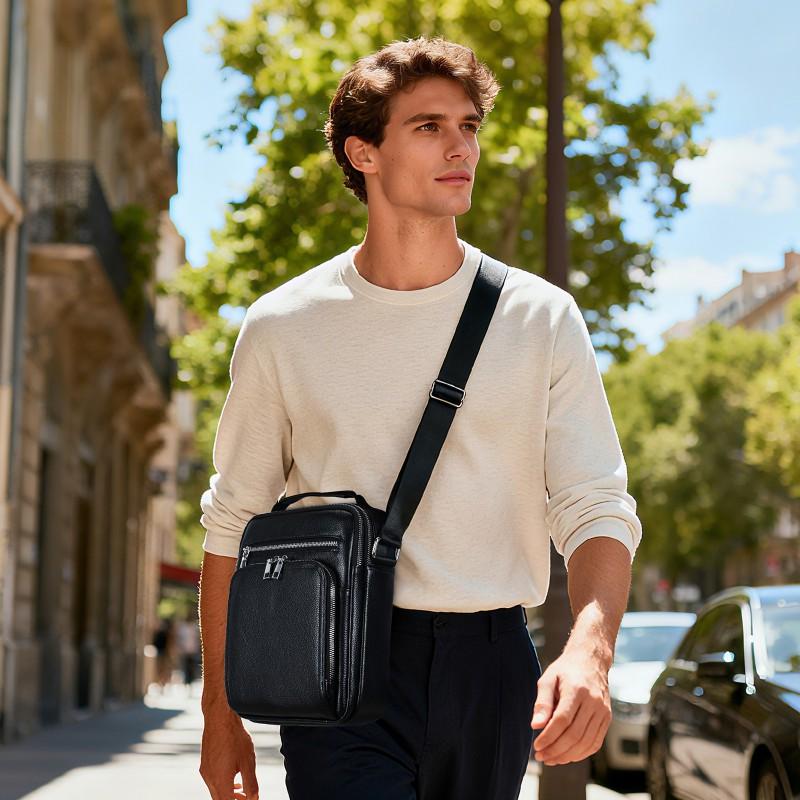High End Men's Crossbody Bag Made Of Genuine Leather Large Capacity Vertical Style Commuting Head Cover Layer Cowhide Simple Single Shoulder Trendy