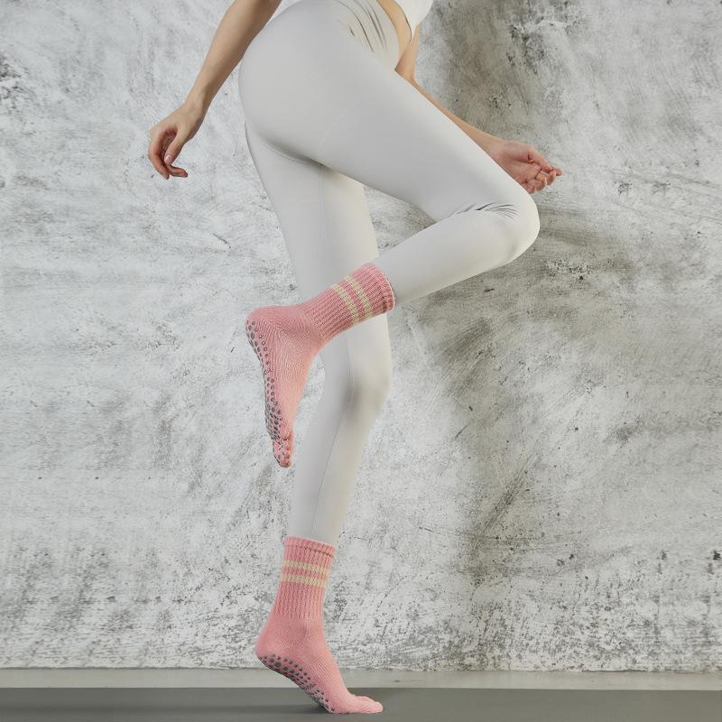Spring Striped Non-Slip Women's Yoga Toe Socks - Long Sport Style for Pilates, Mid-Calf Length