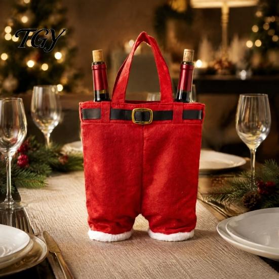 Santa Claus Pants Gift Holders Shaped Christmas Candy Bag, Large Wine Bottle Holder with Festival Pouches Handle, Holiday Treat Tote for Party