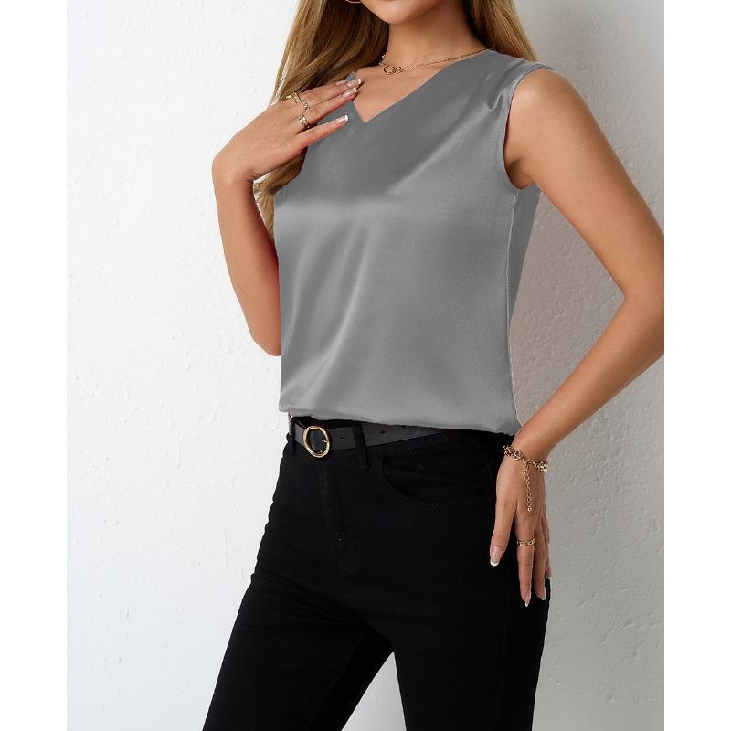 Women's Spring and Summer Color Satin Shirt Temperament Commuting Sleeveless Blouses & Shirts