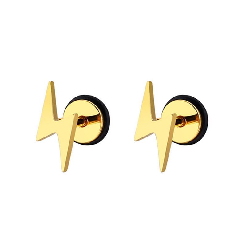 Hip Hop Titanium Lightning Stud Earrings For Men Stainless Steel Round Cake Black Earrings Screw Piercing Street Jewelry Gifts