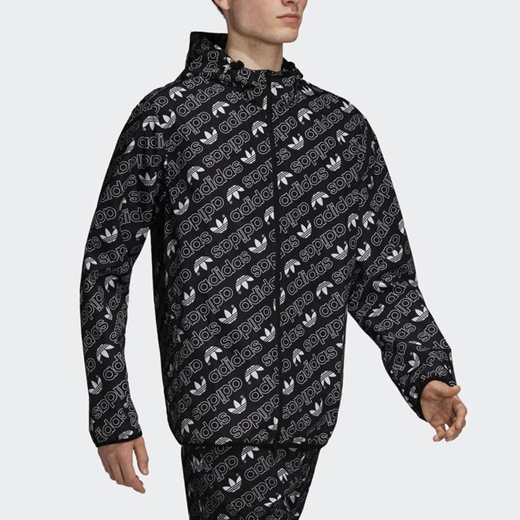 Adidas Originals Trefoil All-Over Print Sports Casual Hooded Windbreaker Jacket Men Outerwear Black DH4796