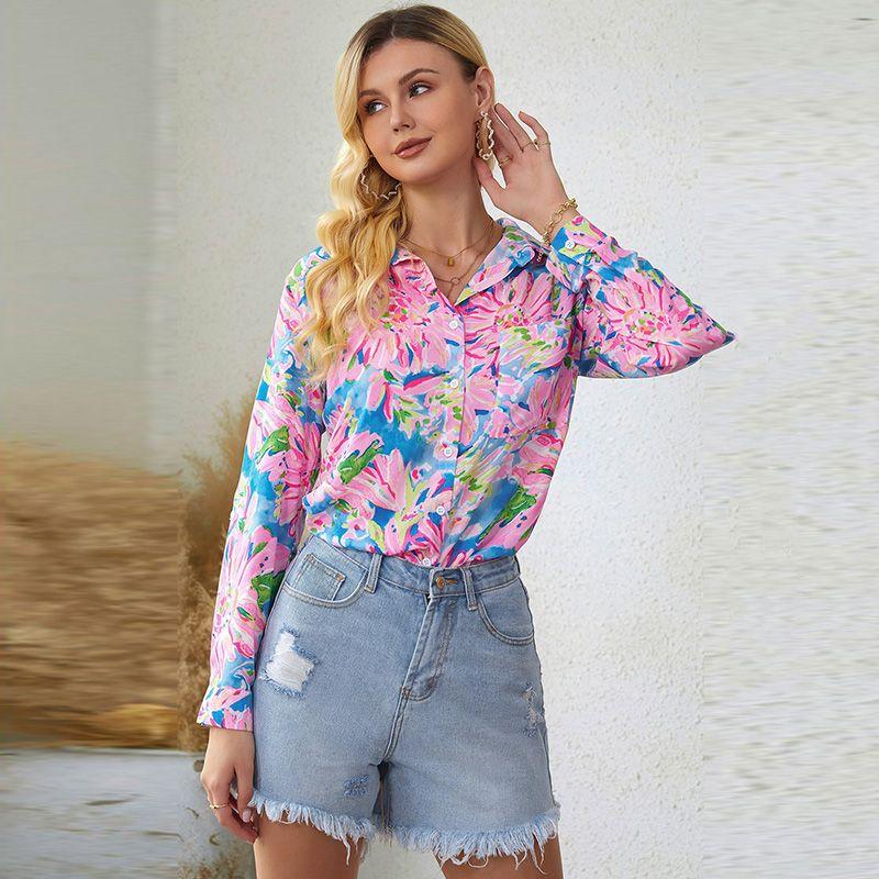 

Однобортная модная рубашка с растительным цветочным принтом, тонкая, с длинными рукавами Pink S code fits (45.00 kg-55.00 kg