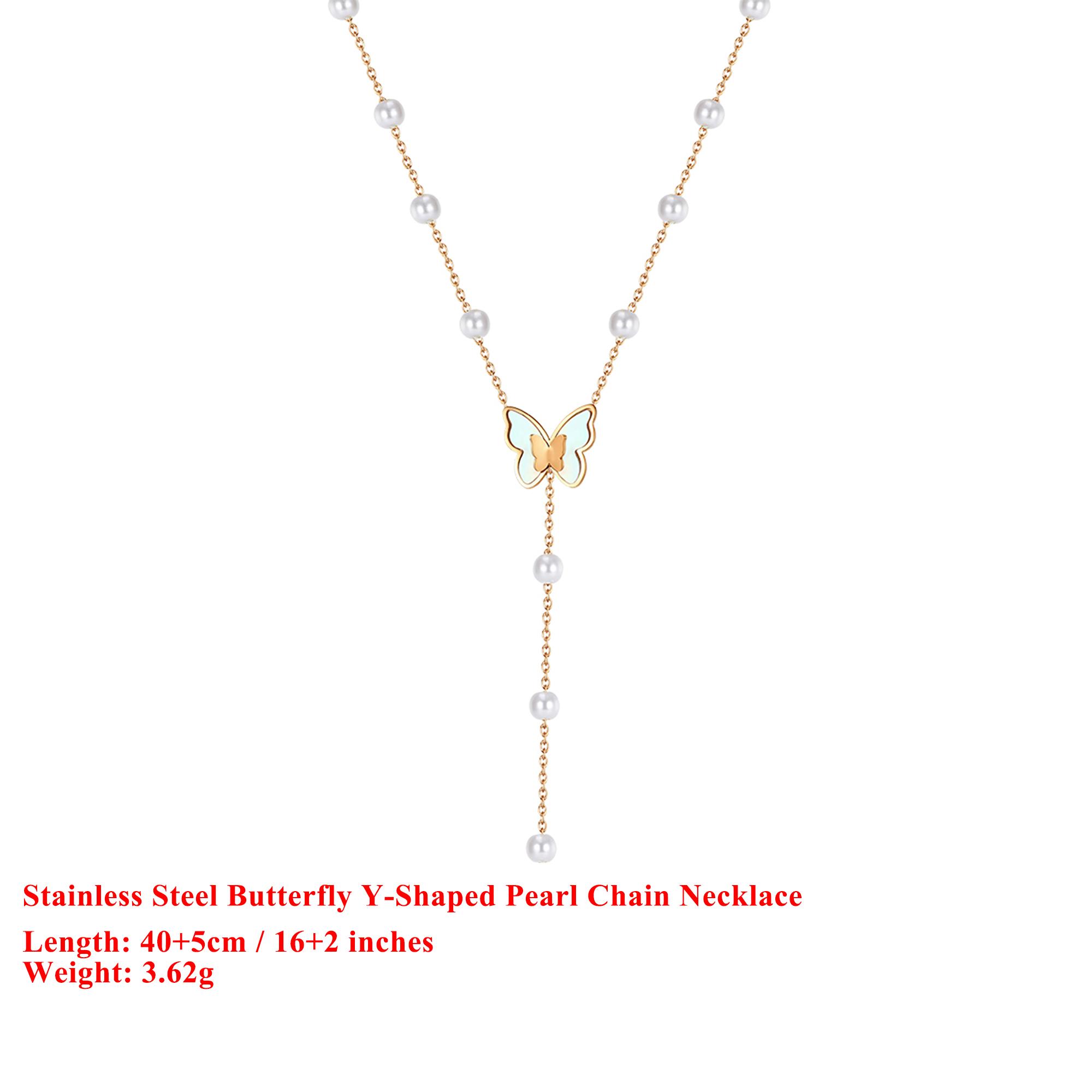 

EFFIE QUEEN Stainless Steel 18k Gold Y-Shaped Butterfly Pearl Chain Necklace Romantic Jewelry for Women Banquet Accessory STPN06