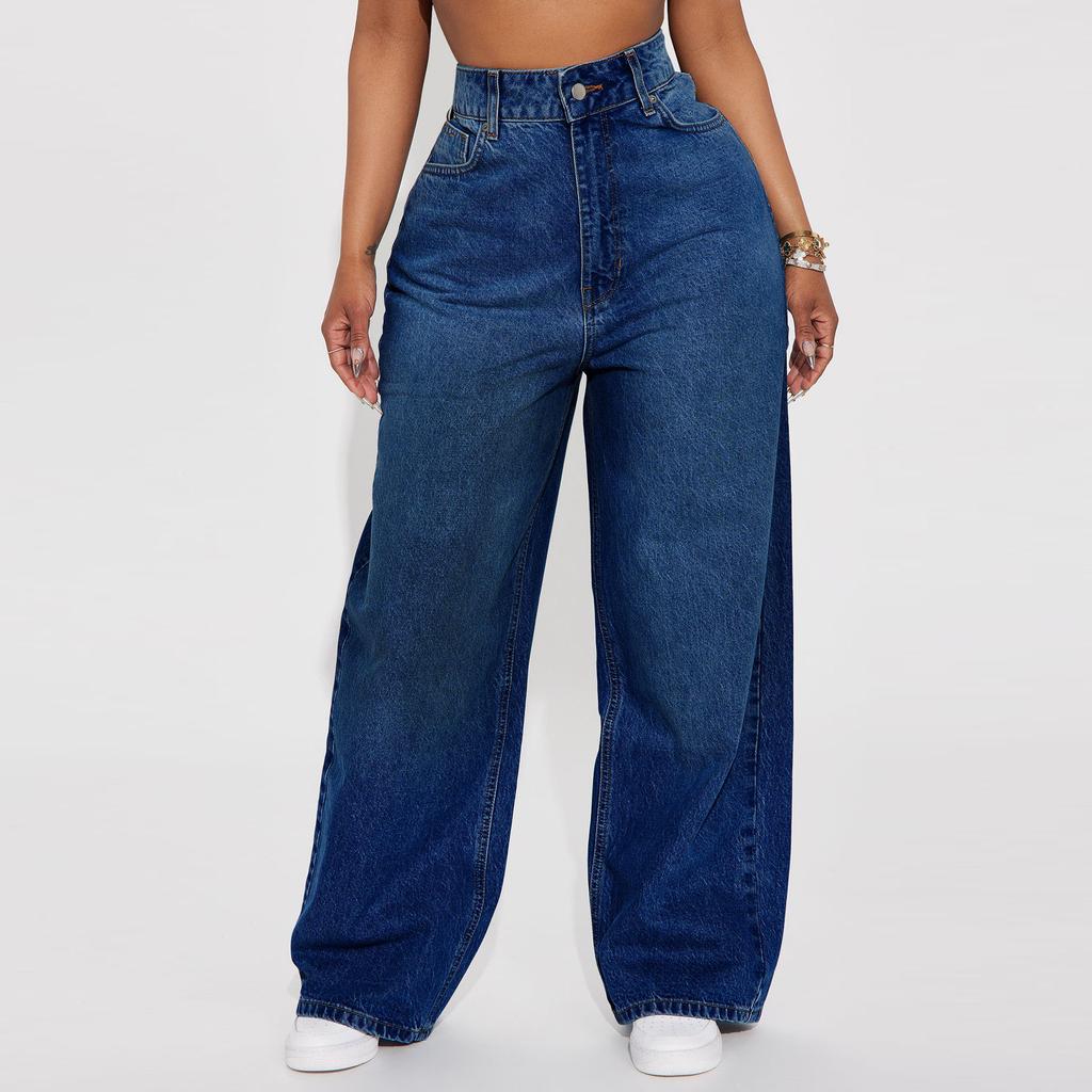 Plus Size Women High Waist Wide Leg Jeans Curvy Ladies Baggy Loose Full‑Length Blue Denim Pants Casual Streetwear Trousers
