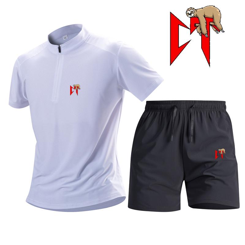 Sports POLO Suit Men Summer Half-Zip Fitness Basketball Running Fashion Suit Printed Men s Tracksuit Set S