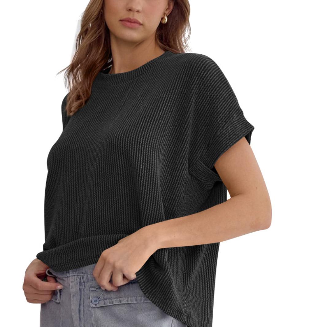 

Women s Pit Striped Knitted Sweater Loose Fitting Pullover Round Neck Short Sleeved T-shirts XL