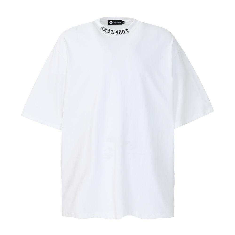 Letter Embroidered Neckline Short Sleeve T-shirt Casual Top Men's Summer Loose Round Neck Half Sleeve T-shirt Instagram High Street Trendy