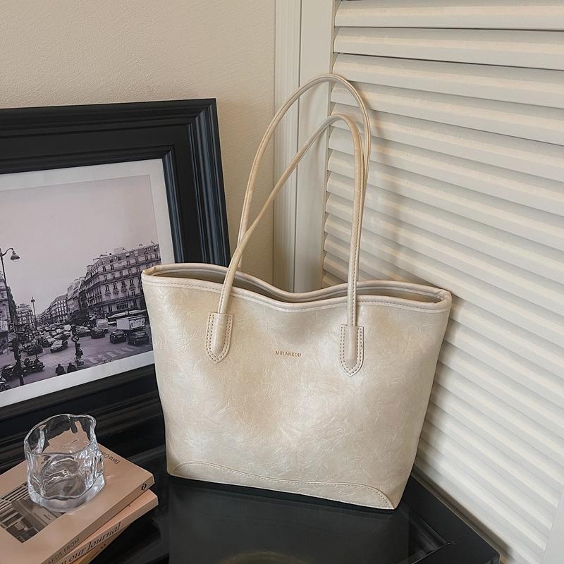 Faux Leather Tote Bag for Women Fashion Minimalist Shoulder Handbag with Wide Handles and Logo Detail