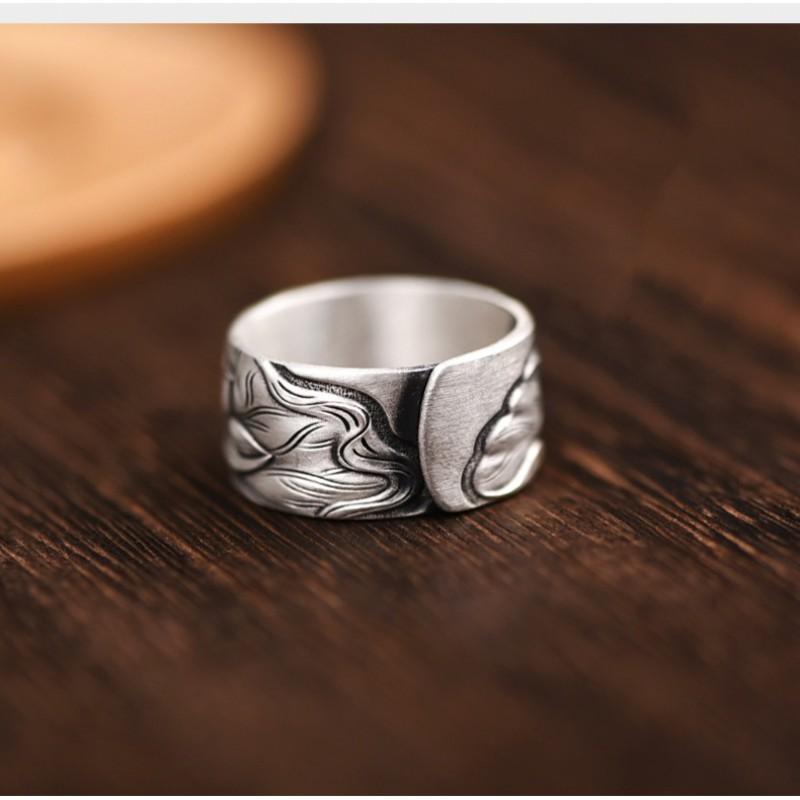 Adjustable Open Ring Men Women Vintage Floral Lotus Design Plated Geometric Band Unisex Fashion Jewelry