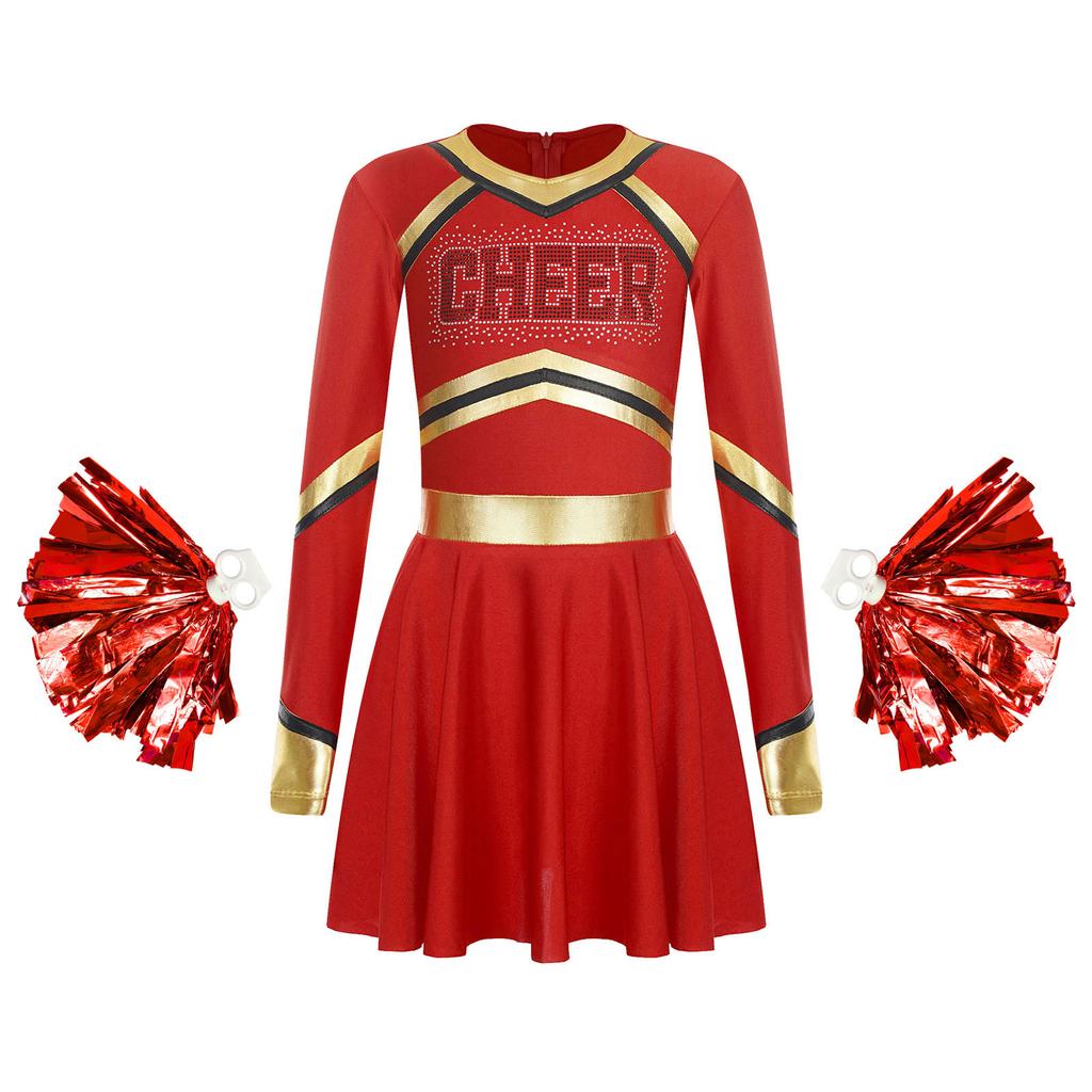 Girls Long Sleeve Cheerleading Costume Sparkly Rhinestones Letter Design Metallic Dress Hand Flowers Set