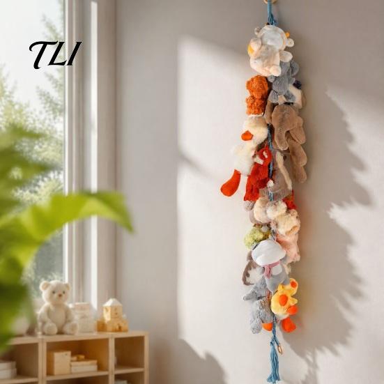 Stuffed Animal Hanging Rack Doll Cotton Storage Chain, Wall Mounted Organizer with Display Strap Metal Clips, Boho for Kids Room And