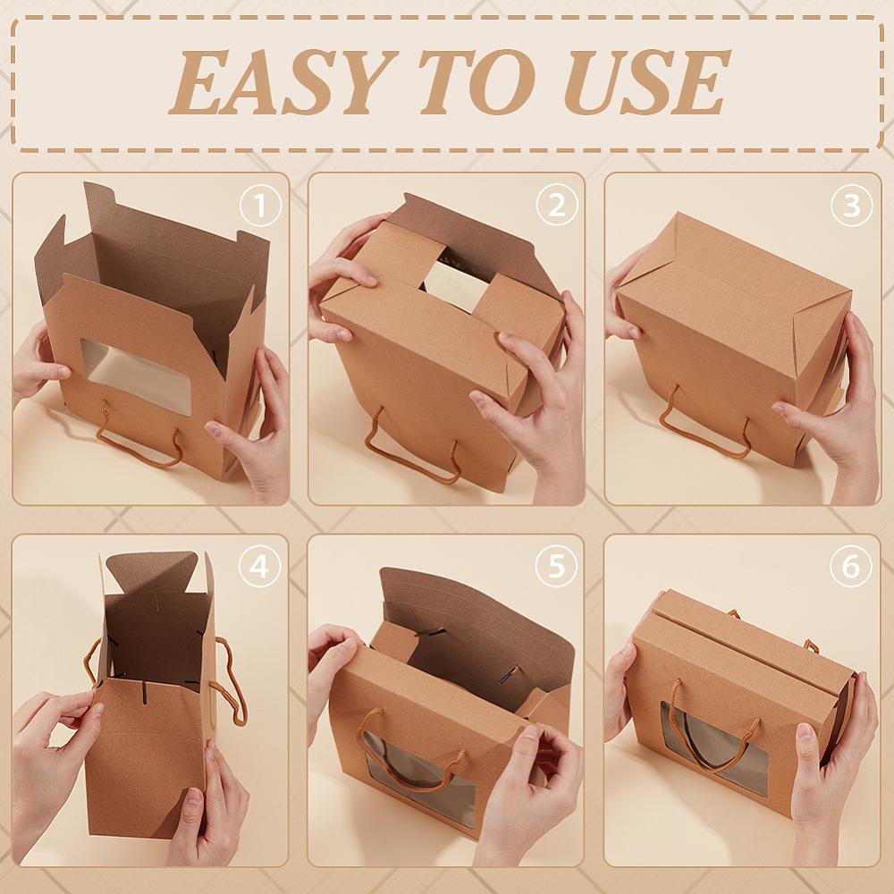 20pcs Folding Cardboard Gift Handle Boxes with Polyester Ropes Plastic Visible Window Case Rectangle BurlyWood 16x20x11cm