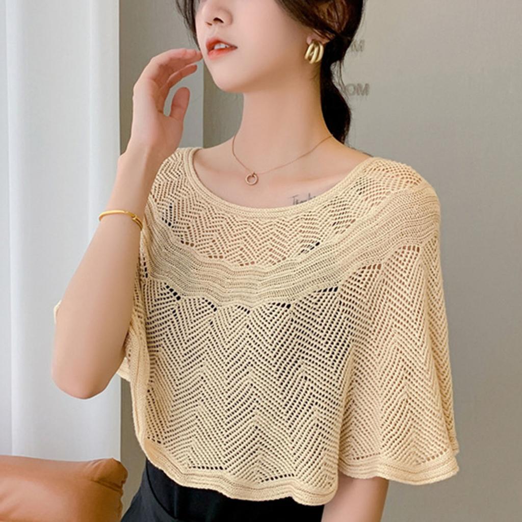Womens Loose Crochet Tops Hollow Lace Out Cotton Shrug Poncho Shawl Wrap Crewneck Summer Beach Cover Up Shoulders Warm Shawl