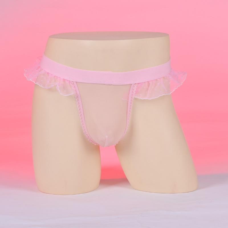 Sexy Ruffles Sissy Pouch Panties Men'S Mesh See Through Lingerie Crossdress G-String T-Back Thong Gay Male Maid Cosplay Bikini