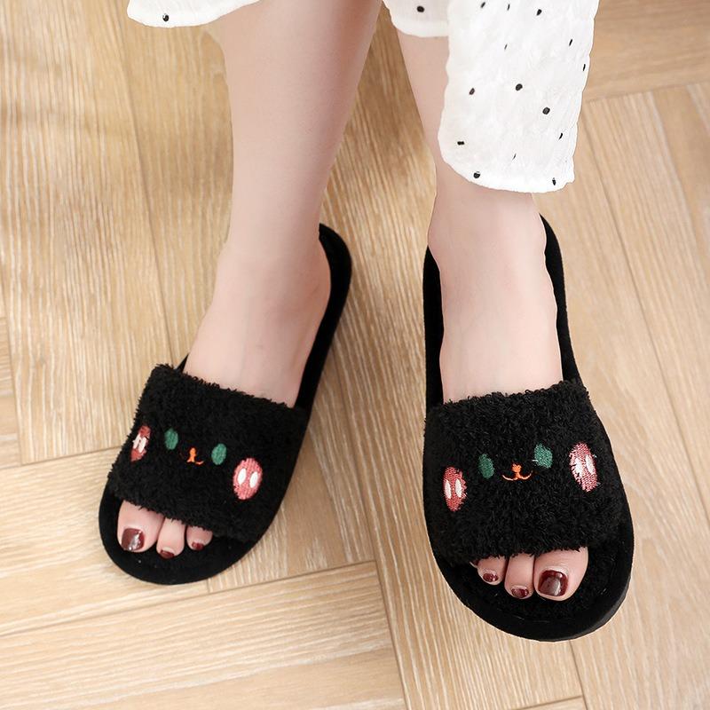 Open women's autumn and winter indoor and outdoor thick-soled warm plush shoes one-word open cotton slippers women's foam