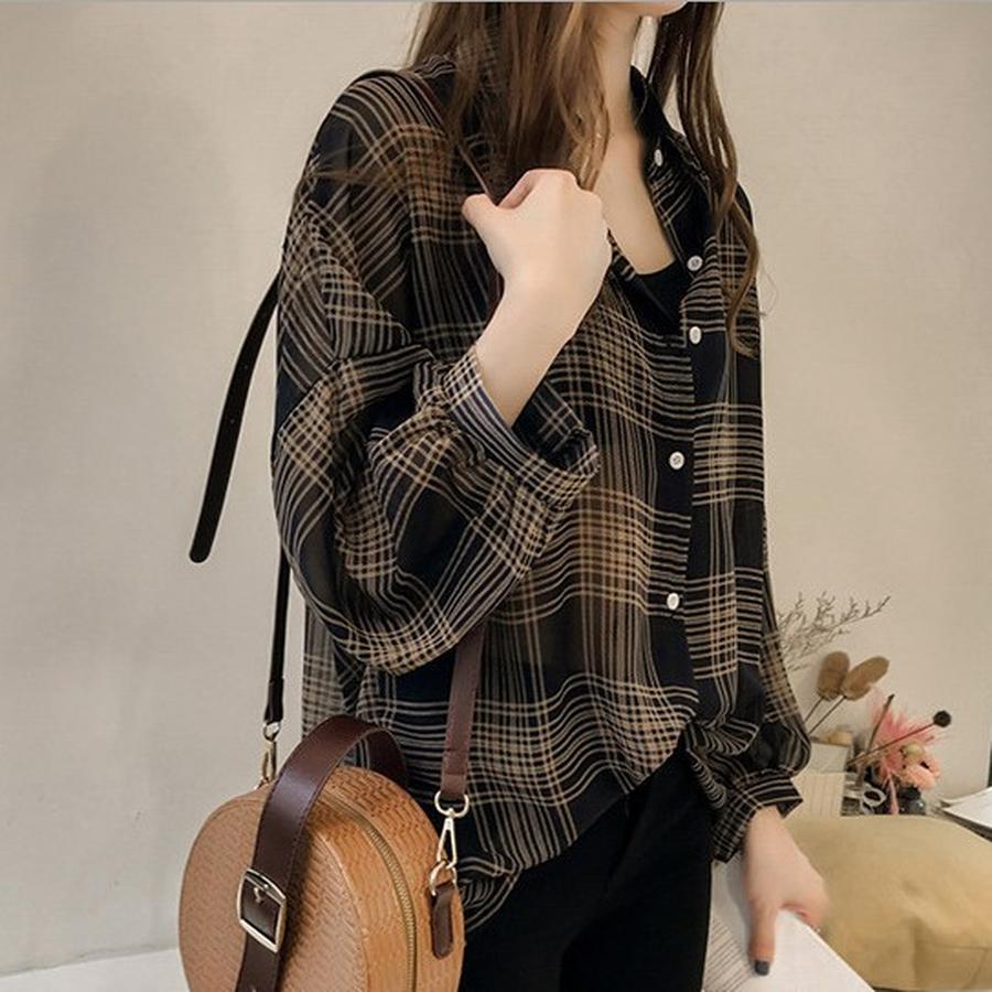 Frühlingsstil Damenhemd Locker BF Karomuster Hemd Damen Langarm Vintage Chic Koreanischer Stil Mantel