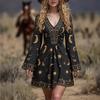 Women's Retro V-neck Print Long Sleeve Dress Bohemian A-line Swing Dress for Women