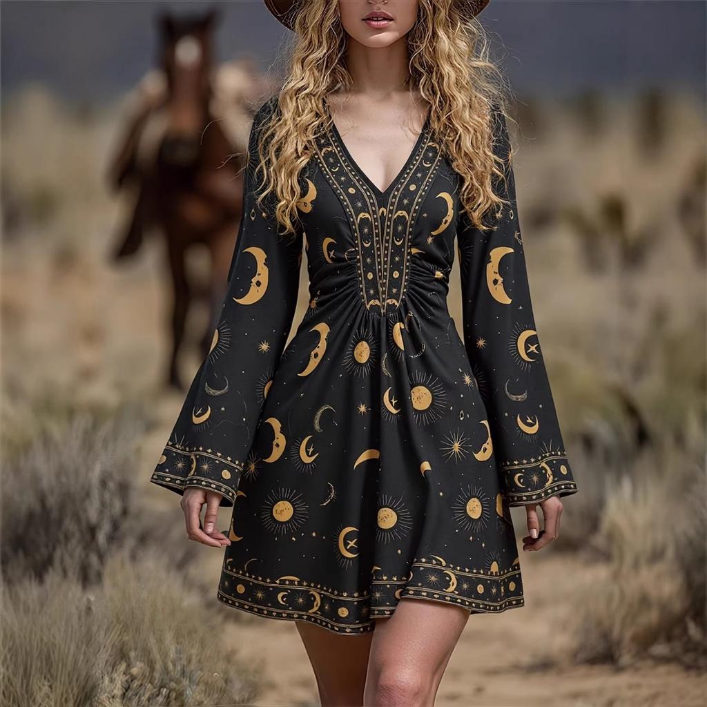 Women's Retro V-neck Print Long Sleeve Dress Bohemian A-line Swing Dress for Women