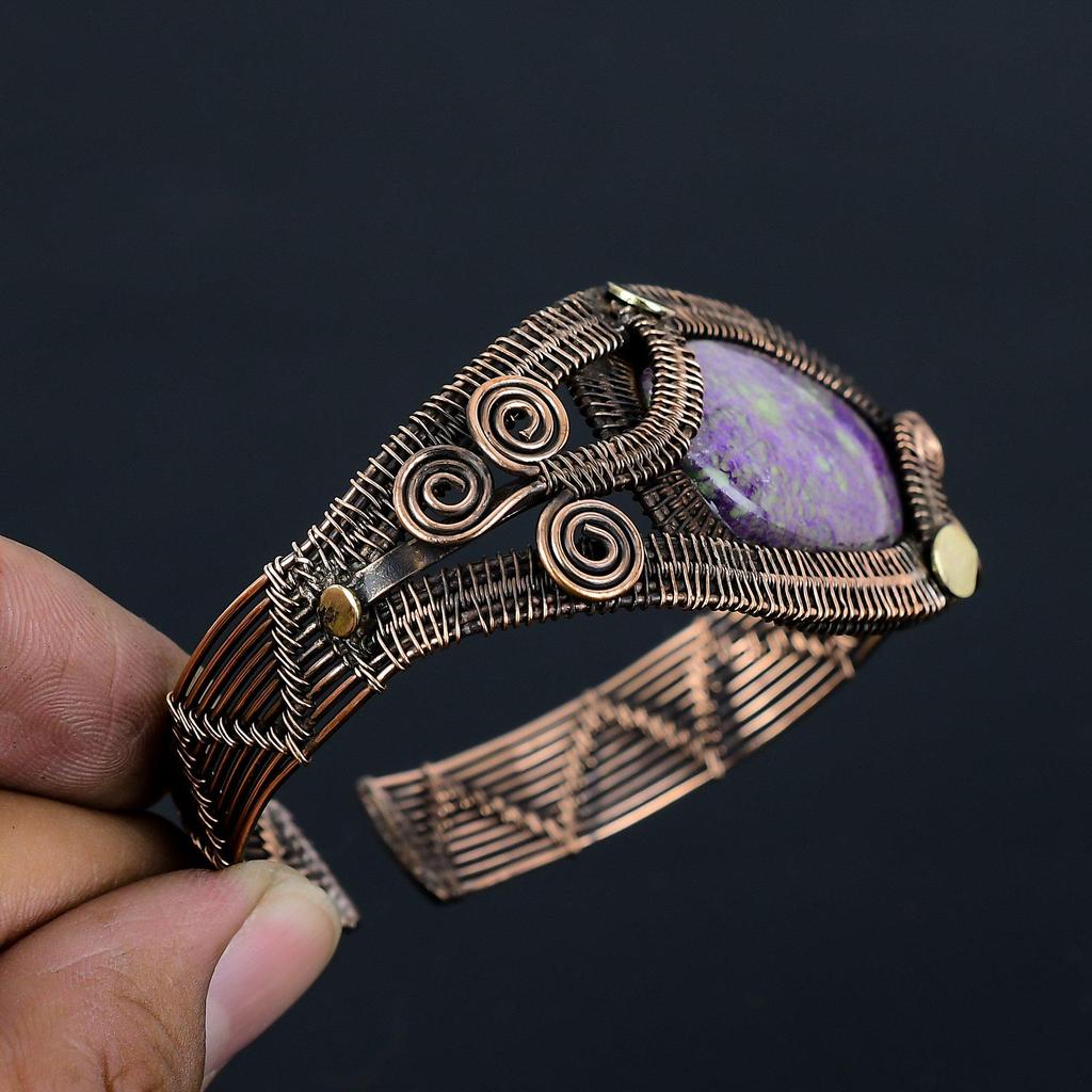 Purpurite Gemstone Jewelry Pure Copper Wire Wrapped Handmade Cuff/Bangle