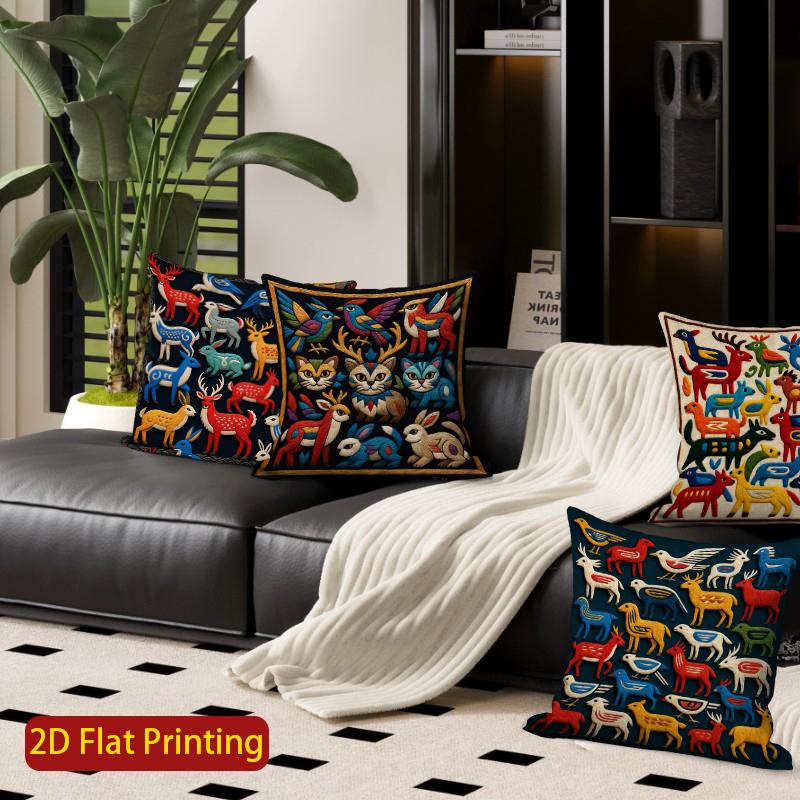 2D Boho Folk Animal Embroidery Style Throw Pillow Covers Pattern Cushion Cover Suitable For Sofa Bedroom Car Pillow Cover