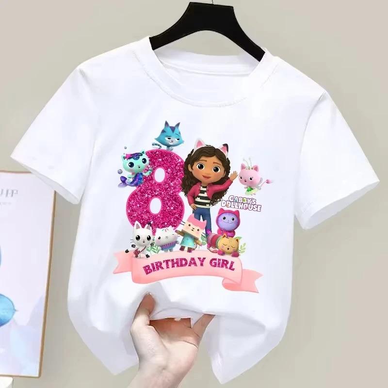Tricou cu Număr de Ziua de Naștere din Casa de Păpuși a lui Gabby pentru Fete Alb Roz cu Mânecă Scurtă Topuri Bumbac Vară Casual Accesorii Petrecere Tee