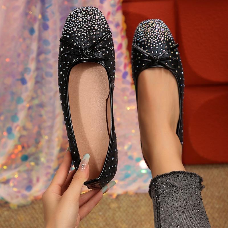 Bow Rhinestone Flat Lazy Shoes 2025 Autumn New Plus-size Pedal Beanie Shoe Woman