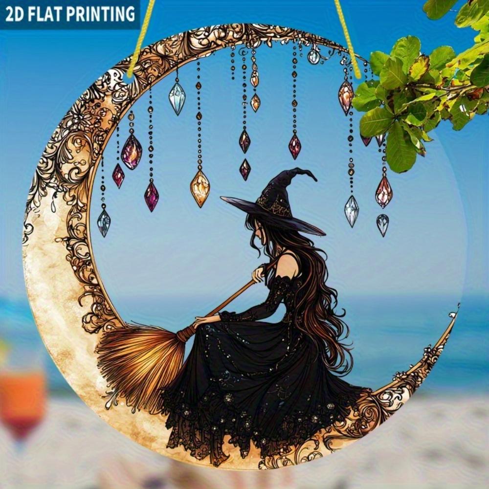 2D flat acrylic Mystery Witch on the Crescent Sun Catcher - acrylic window hanging, stained glass style, perfect for Halloween and fall home decor